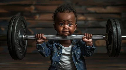 Fototapeten  Bebê negro forte e engraçado levantando uma barra pesada sobre fundo escuro © Alexandre