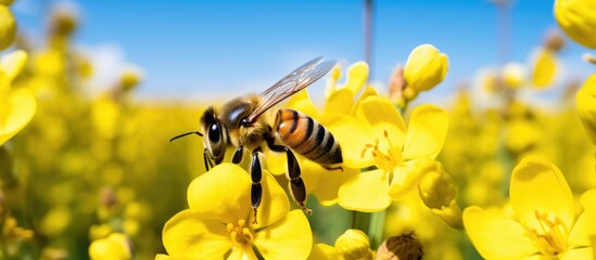 A bee is perched on a bright yellow flower, set against a backdrop of a clear blue sky. The bee appears to be collecting nectar from the flower on a sunny day. - obrazy, fototapety, plakaty