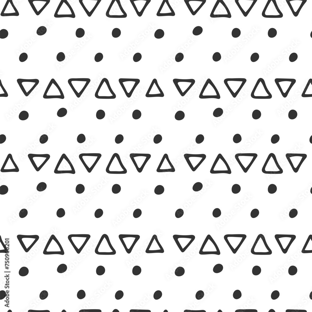 Poster black and white hand drawn pattern. row of triangles and dots. abstract geometric ink texture. scrib