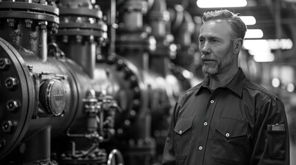 a black and white photo of a man standing in front of a steam engine in a room with lots of pipes.