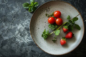Cherry tomatoes and fresh strawberries with mint and basil on a speckled ceramic plate. Dark marble texture background with copy space. Ingredients presentation and culinary arts concept design 