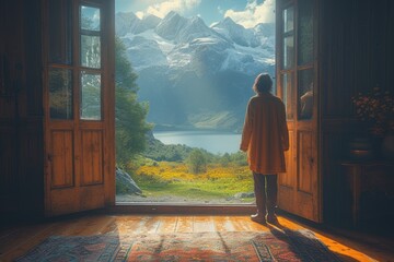 Women near open door to nature and autumn mountains. Relax, mood and vacation concept. - obrazy, fototapety, plakaty