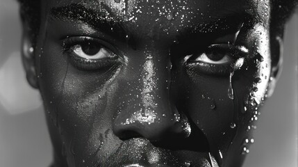a black and white photo of a man's face with a lot of white sprinkles on his face. - obrazy, fototapety, plakaty