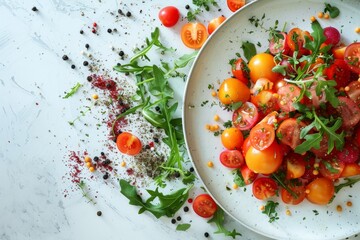 Colorful cherry tomatoes and arugula salad on a speckled plate. White textured background with scattered spices. Fresh ingredients and gourmet presentation concept design for culinary arts