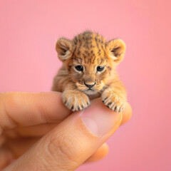 Cute minimal animal concept on pastel background. A miniature cub in a human hand on a fingertip. Cute irresistible baby lion, wild cat.