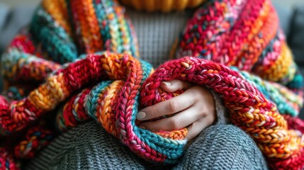 a close up of a person's hands wrapped in a multicolored crocheted blanket with a pumpkin in the background. - obrazy, fototapety, plakaty