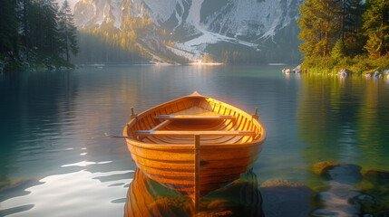 Beautiful view of traditional wooden rowing boat on scenic Lago di Braies in the Dolomites in...