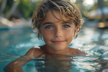 Fototapeta na wymiar Caucasian child boy swim on tropical sea against the background of palm trees.