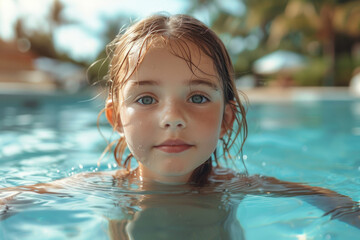 Fototapeta na wymiar Caucasian child girl swim on tropical sea against the background of palm trees.