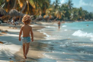 Caucasian child boy walking on sandy coast of tropical sea against background of palm trees