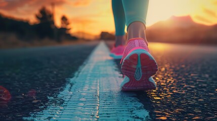 sport runner feet running on sunset lake closeup on shoe. AI generated illustration