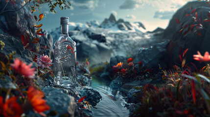Against a backdrop inspired by Swedish landscapes, a bottle of Absolut vodka exudes sophistication and refinement, capturing the essence of Swedish culture and tradition. - obrazy, fototapety, plakaty