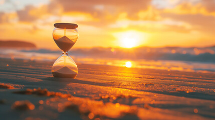 Hourglass on sand beach in sunset - time passing by concept - 750909610