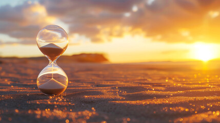 Hourglass on sand beach in sunset - time passing by concept - obrazy, fototapety, plakaty