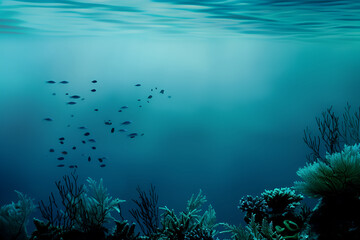 a minimalist underwater scene with coral reefs and fish - obrazy, fototapety, plakaty