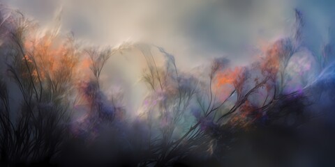Ethereal wisps of misty colors swirling softly, enveloping the frame in a serene and dreamlike aura. - obrazy, fototapety, plakaty