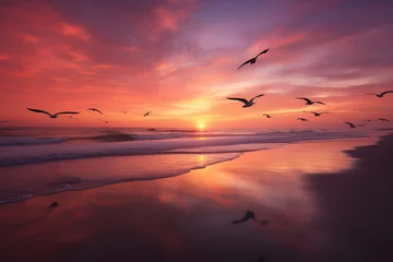 Wandcirkels tuinposter a serene beach at sunset, seagulls soaring gracefully in the orange-pink sky © Ingvar Shelly