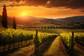 a Tuscan vineyard with rows of grapevines stretch to the horizon