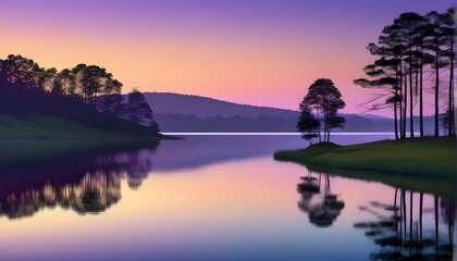 Twilight lake sunset with mountain and gradient sky bokeh background - obrazy, fototapety, plakaty