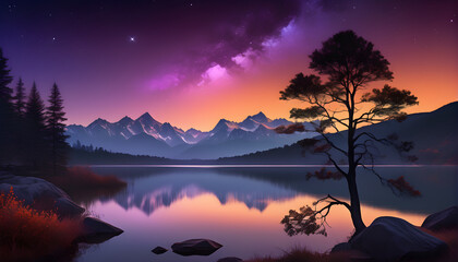 Twilight lake sunset with mountain and gradient sky bokeh background - obrazy, fototapety, plakaty