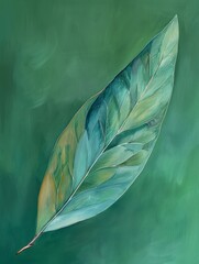 A detailed painting depicting a single leaf on a vibrant green background, showcasing intricate veins and textures of the leaf.