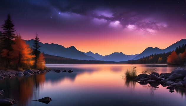 Twilight lake sunset with mountain and gradient sky bokeh background