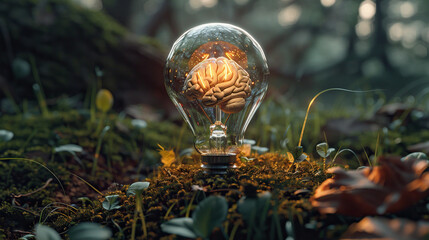 light bulb / 3D illustration of human brain Glowing brain symbol in a light bulb on nature background.