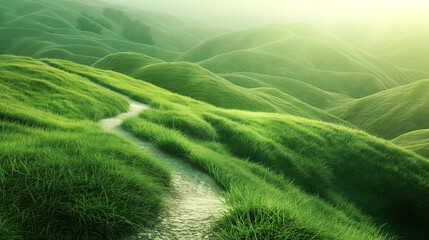 Green grass hills with a trail - 750910497