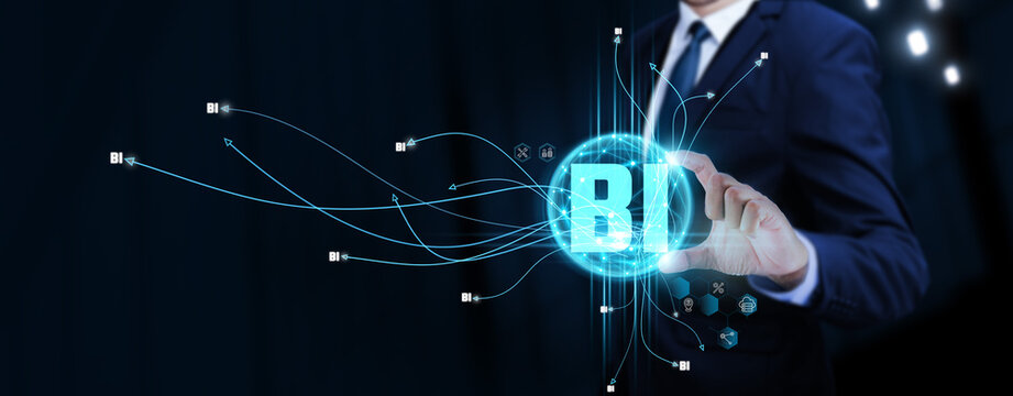 BI: Business Intelligence, Businessman Touching Digital Global Network of Business Intelligence Data Exchange. Insights Gathering on Social Network Connection with Hologram Modern Interface.