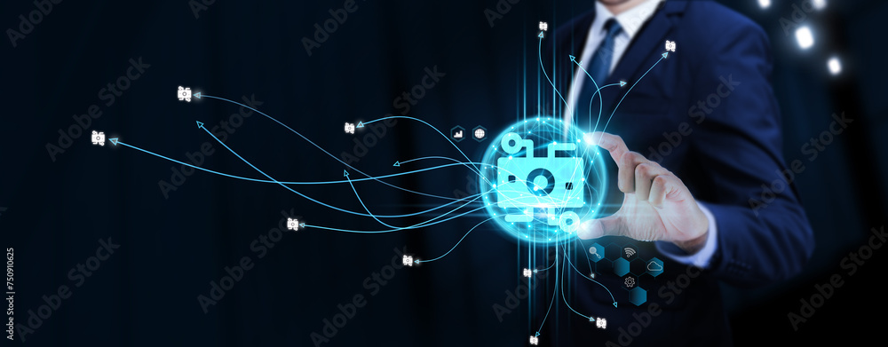 Poster fintech: innovation in finance, businessman touching digital global network of fintech data exchange