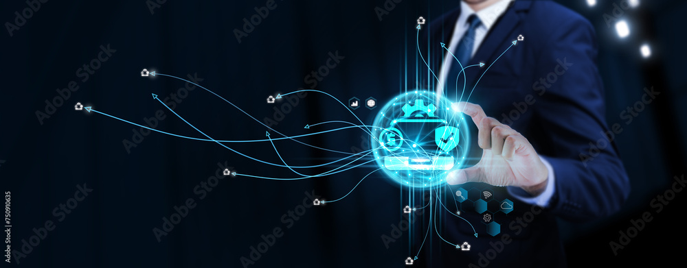 Aufkleber insurance technology: businessman touching digital global network of insurance data exchange. seamle