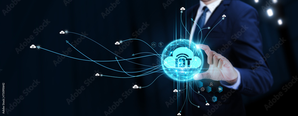 Aufkleber iot: businessman touching digital global network of internet of things (iot) data exchange. seamless