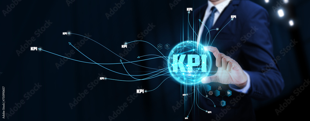 Poster kpi: businessman touching digital global network of key performance indicator data exchange. perform