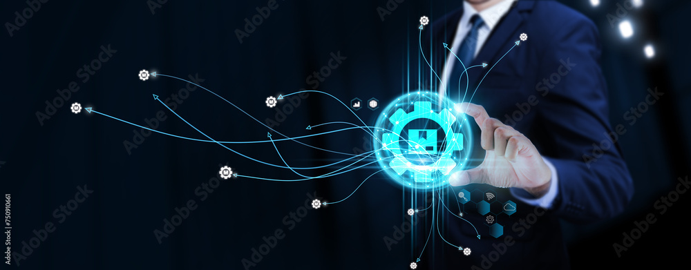 Poster logistic management: businessman touching digital global network of logistic data exchange. supply c