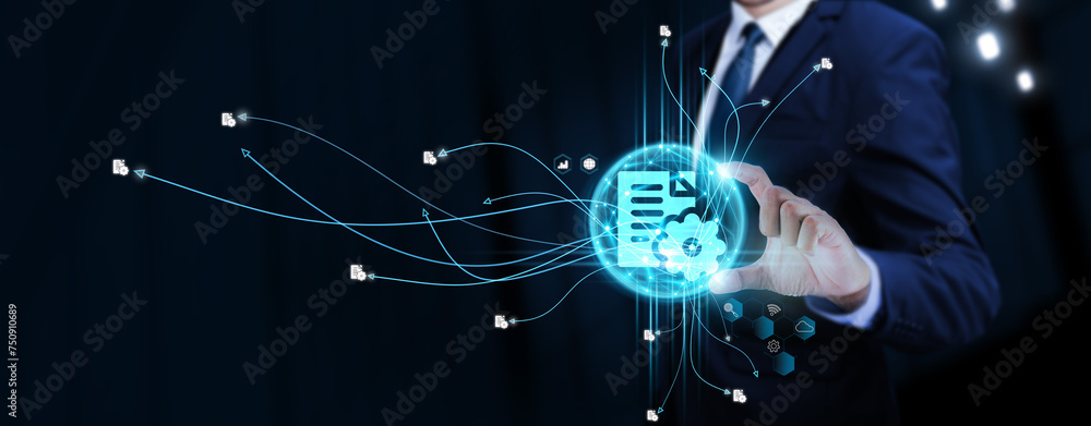 Poster project management: businessman touching digital global network of project management data exchange.