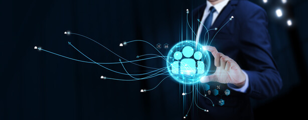 Human Resource: Businessman Touching Digital Global Network of Human Resource Data Exchange....