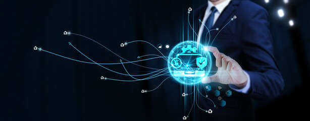 Insurance Technology: Businessman Touching Digital Global Network of Insurance Data Exchange....