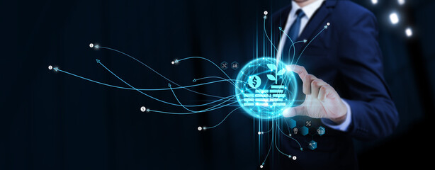 Investment: Businessman Touching Digital Global Network of Investment Data Exchange. Connectivity, Data Analysis on Social Network Connection with Hologram Modern Interface, Strategic Decision Making.