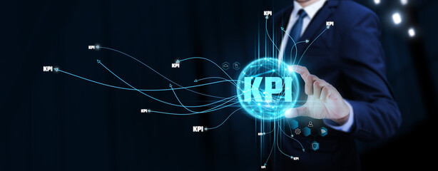 KPI: Businessman Touching Digital Global Network of Key Performance Indicator Data Exchange....