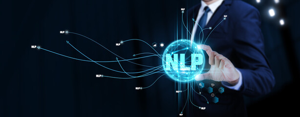 NLP: Natural Language Processing, Businessman Touching Digital Global Network of NLP Data Exchange. Interaction, Communication on Social Network Connection with Hologram Modern Interface.