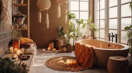 Przytulna łazienka w stylu boho - pomarańczowe i brązowe odcienie wnętrza. Rośliny i wzorzyste tekstylia. Render 3d. Wizualizacja - obrazy, fototapety, plakaty
