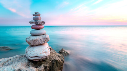 Zen stones stack on the sea rock - 750910688