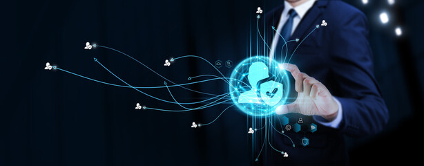 Privacy and Data Protection: Businessman Touching Digital Global Network of Secure Data Exchange. Safeguarding Personal Information on Social Network Connection with Hologram Modern Interface.