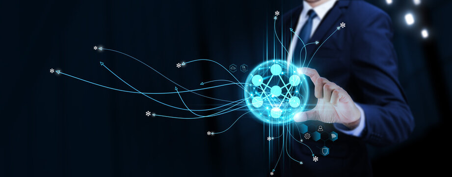 Neural Network: Businessman Touching Digital Global Network of Neural Data Exchange. Data Analysis on Social Network Connection with Hologram Modern Interface, Advanced Intelligence Integration.