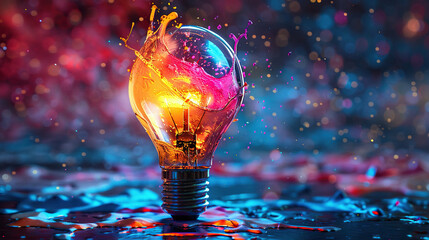 yellow paint splash on light bulb 3D illustration glowing glass bulb art symbol with background , copy space for text , artistic colourful explosion of paint energy, Productivity and creativity - obrazy, fototapety, plakaty