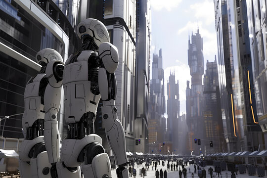 Futuristic cityscape where humanoid robots overwatch streets, seamlessly integrating with society