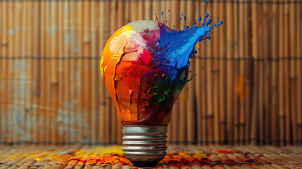 yellow paint splash on light bulb 3D illustration glowing glass bulb art symbol with background , copy space for text , artistic colourful explosion of paint energy, Productivity and creativity