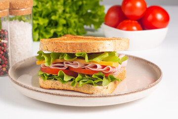 Close-up of two sandwiches with bacon, salami, prosciutto and fresh vegetables on rustic wooden cutting board. Club sandwich concept - 750911231