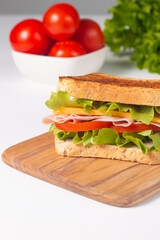Close-up of two sandwiches with bacon, salami, prosciutto and fresh vegetables on rustic wooden cutting board. Club sandwich concept - 750911253