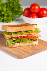 Close-up of two sandwiches with bacon, salami, prosciutto and fresh vegetables on rustic wooden cutting board. Club sandwich concept - 750911267